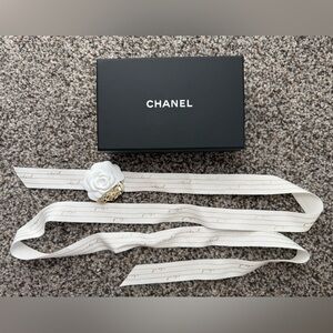 Authentic CHANEL Small Empty Box w/ White & Silver Camellia + Ribbon